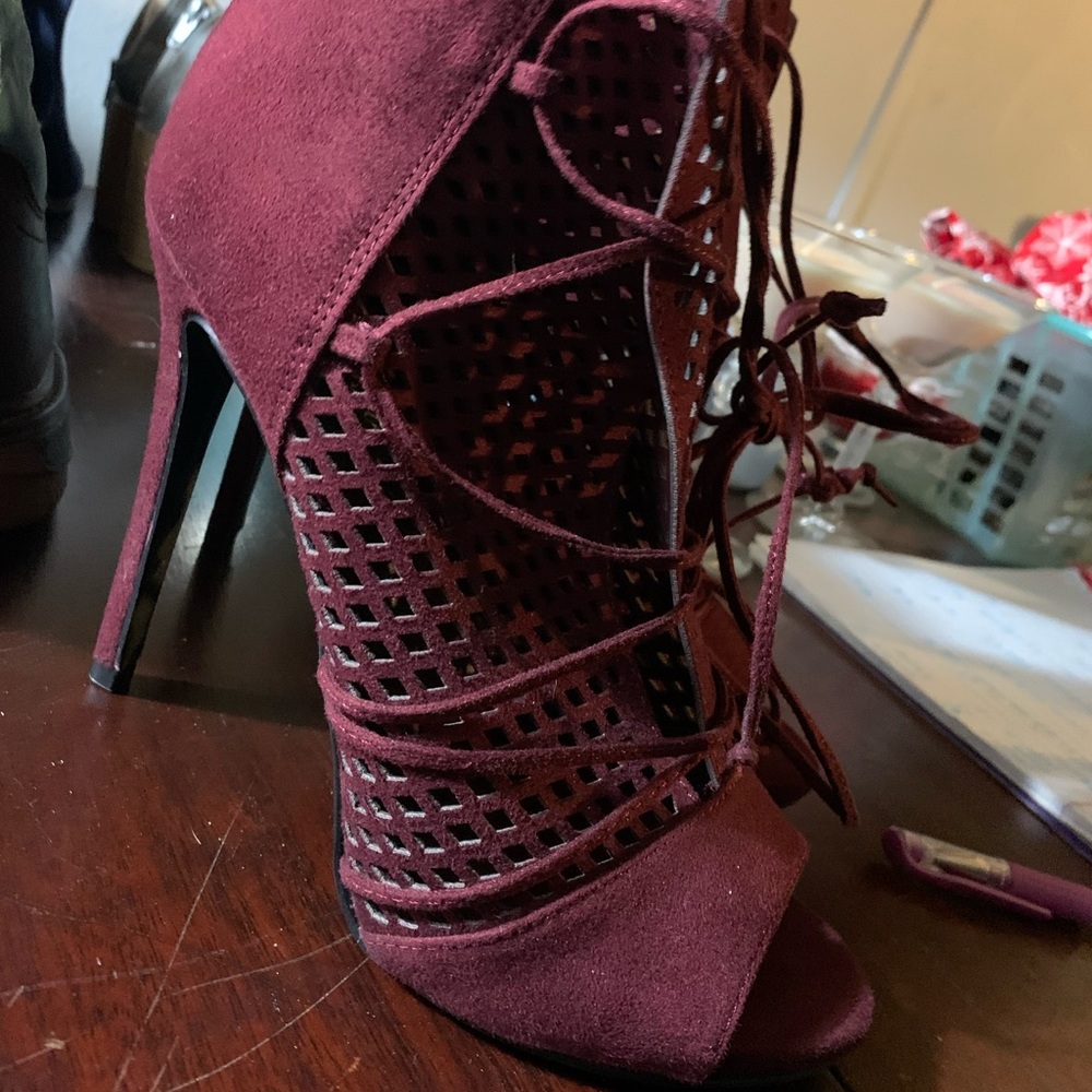 Paprika. Suede lace up maroon heels. Size 7 1/2